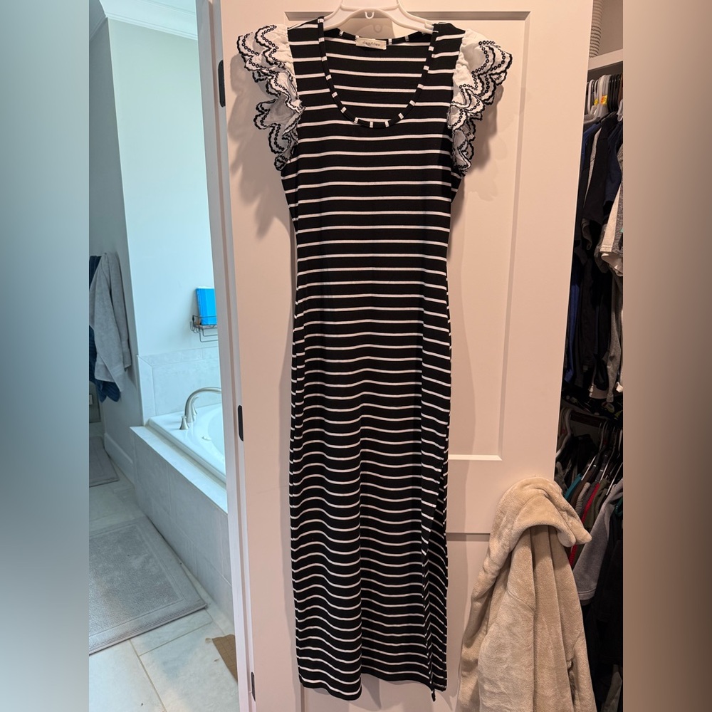 Black and White Striped Dress with Lace Sleeves